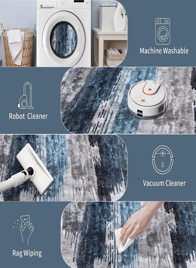 Ciicool 4ft Round Washable Rug, Modern Abstract Circle Rugs, Non-Slip Thin Low-Pile Rug Navy Grey Circular Print Distressed Carpet for Bedroom Living Room Under Dining Table Home Office Decor - Image 5