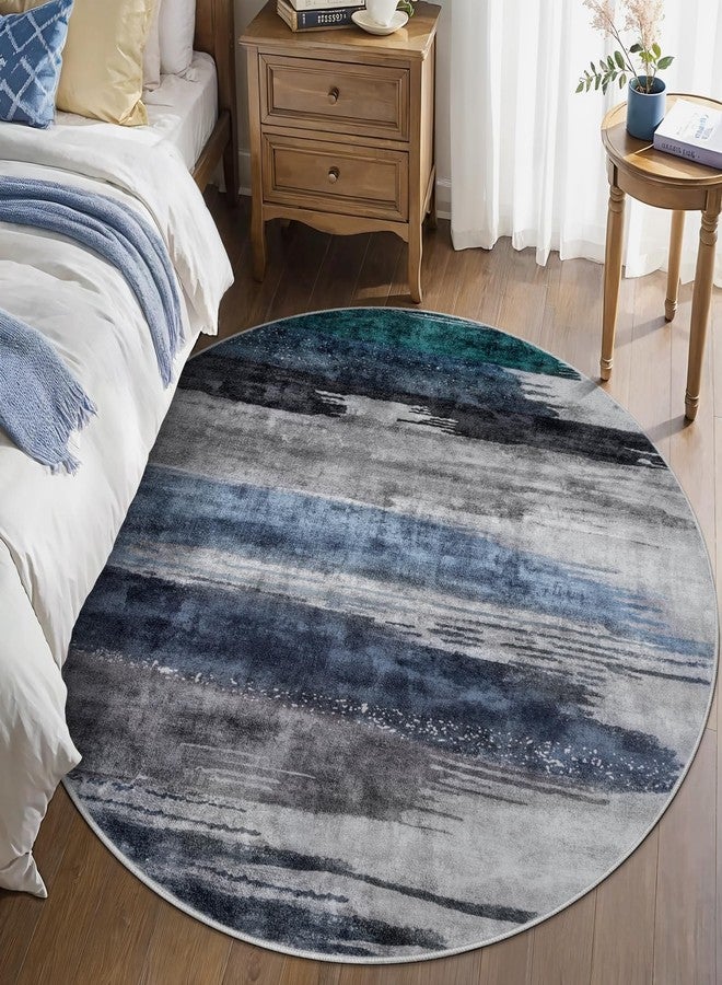 Ciicool 4ft Round Washable Rug, Modern Abstract Circle Rugs, Non-Slip Thin Low-Pile Rug Navy Grey Circular Print Distressed Carpet for Bedroom Living Room Under Dining Table Home Office Decor - Image 2