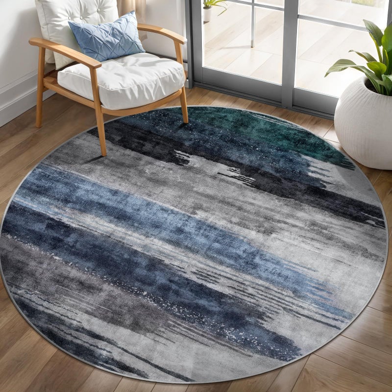 Ciicool 4ft Round Washable Rug, Modern Abstract Circle Rugs, Non-Slip Thin Low-Pile Rug Navy Grey Circular Print Distressed Carpet for Bedroom Living Room Under Dining Table Home Office Decor - Image 1