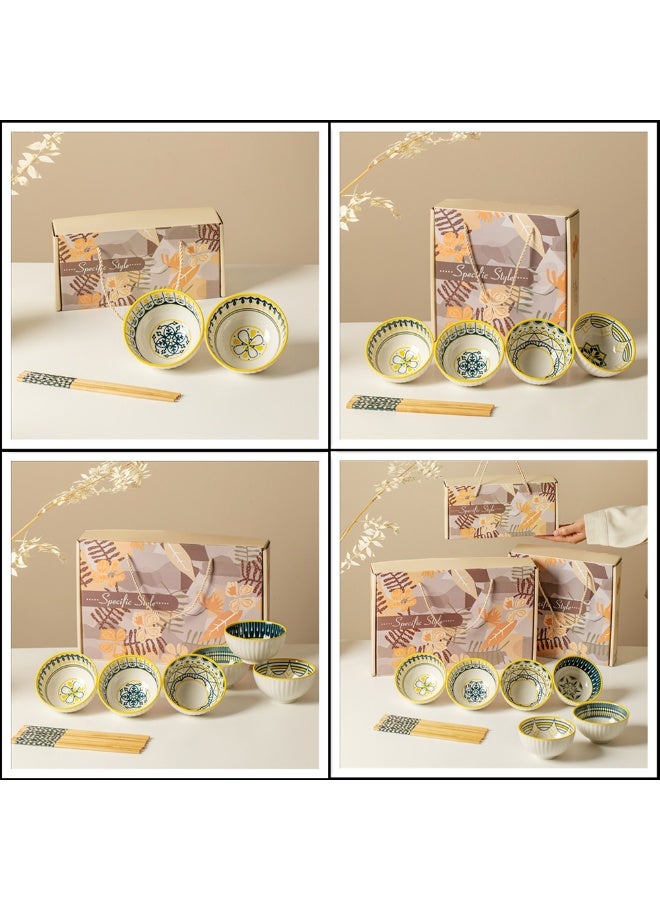 Nordic INS Style Ceramic Dinnerware Gift Set - 6 Bowls & 6 Chopsticks, Modern Geometric Pattern, Elegant Gift Box for Ramadan & Eid