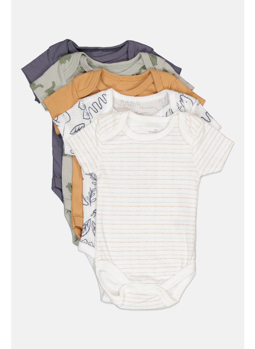 Dream Gro Toddlers Boy 5 Pcs Short Sleeves Allover Print Rompers, White  - Image 1