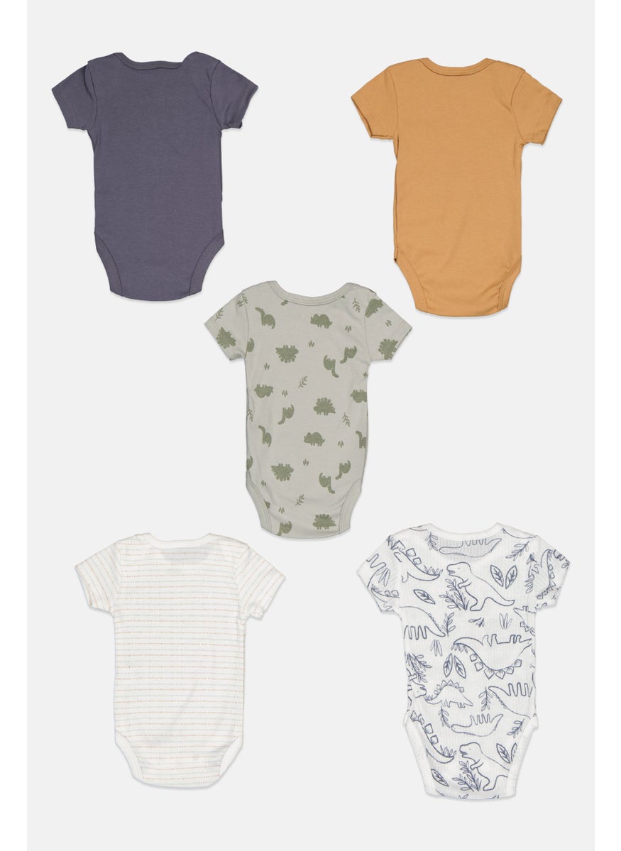 Dream Gro Toddlers Boy 5 Pcs Short Sleeves Allover Print Rompers, White  - Image 2