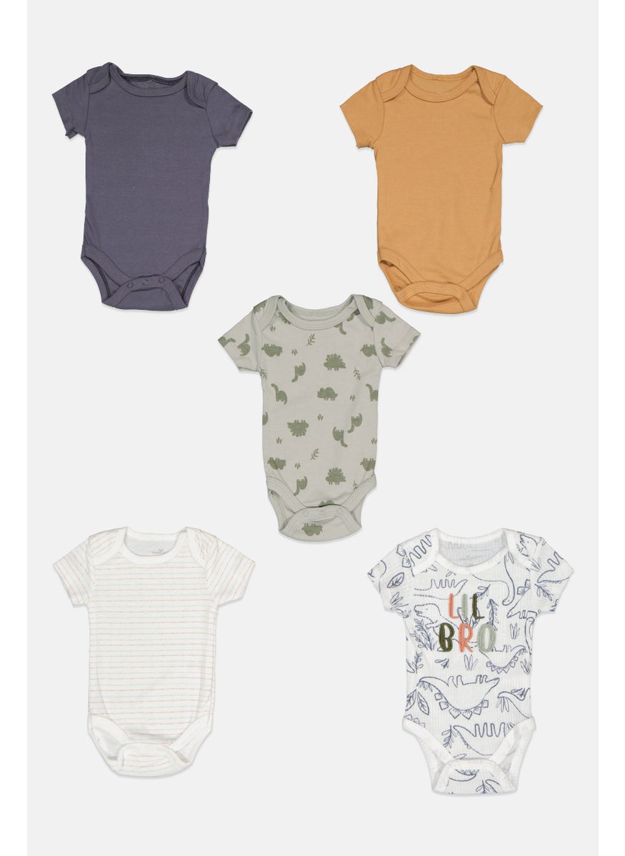Dream Gro Toddlers Boy 5 Pcs Short Sleeves Allover Print Rompers, White  - Image 3