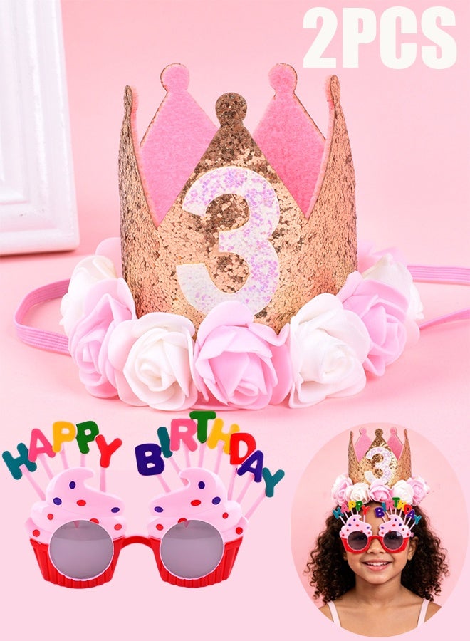 Happy D Three-year-old birthday hat and sunglasses, girl decoration, top choice for children's gifts, rose gold pink crown party, three-year-old princess with sunglasses - Image 1