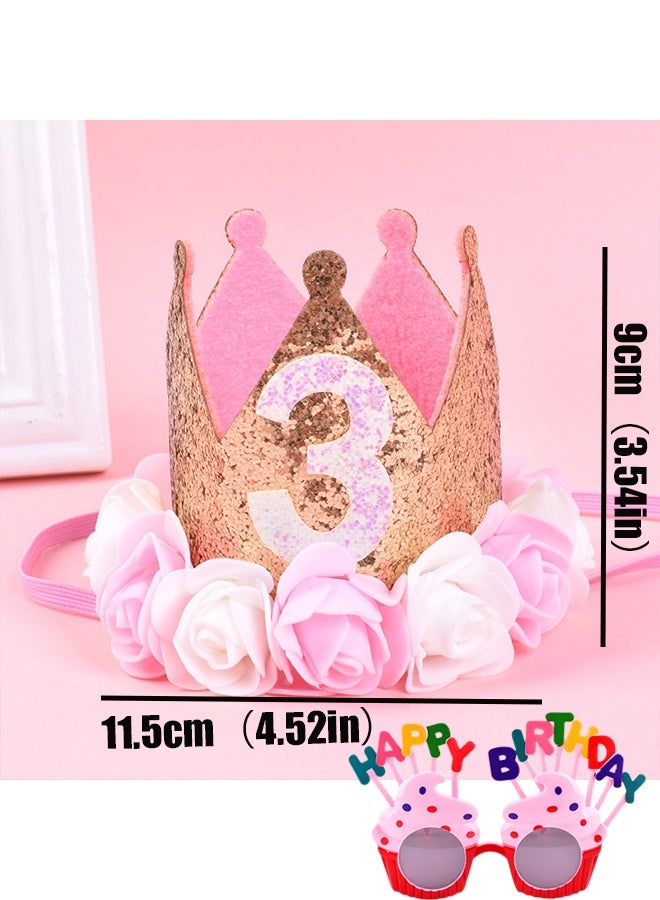 Happy D Three-year-old birthday hat and sunglasses, girl decoration, top choice for children's gifts, rose gold pink crown party, three-year-old princess with sunglasses - Image 4