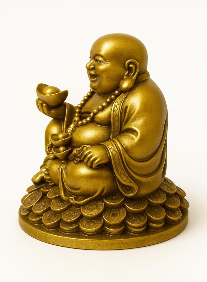INARA Creation Laughing Buddha Idol Statue Showpiece for Vastu, Home Decor - 5.5 Inch, Sitting on Luck Money Coins Carrying Golden Ingot for Good Luck, Happiness, Positivity, Wealth and Good Fortune - Image 2