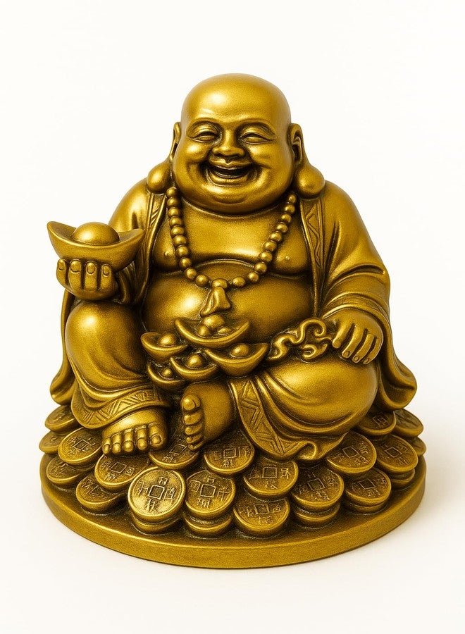 INARA Creation Laughing Buddha Idol Statue Showpiece for Vastu, Home Decor - 5.5 Inch, Sitting on Luck Money Coins Carrying Golden Ingot for Good Luck, Happiness, Positivity, Wealth and Good Fortune - Image 1