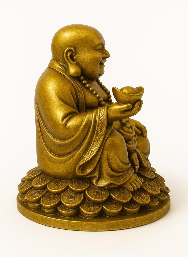INARA Creation Laughing Buddha Idol Statue Showpiece for Vastu, Home Decor - 5.5 Inch, Sitting on Luck Money Coins Carrying Golden Ingot for Good Luck, Happiness, Positivity, Wealth and Good Fortune - Image 3