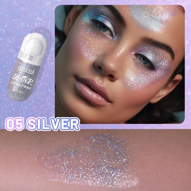 DAGEDA Body Glitter Gel, Roll-on Face Glitter for Mermaid Makeup Festival Rave Accessories, Holographic Hair Glitter Gel,Body Shimmer Halloween Makeup for Rave Party (Silver) - Image 2
