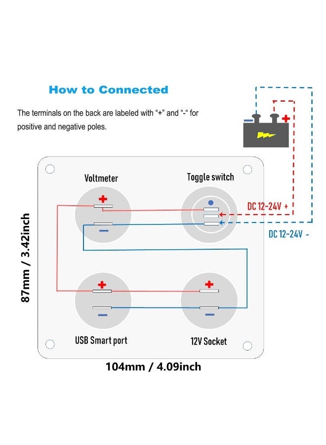 شاحن سيارات 4 في 1 مع لوحة تبديل ومنافذ USB مزدوجة، مقياس فولت LED، مفتاح تشغيل/إيقاف، ومقبس سجائر للاستخدام في السيارات والقوارب والمياه (النوع A) - Image 4