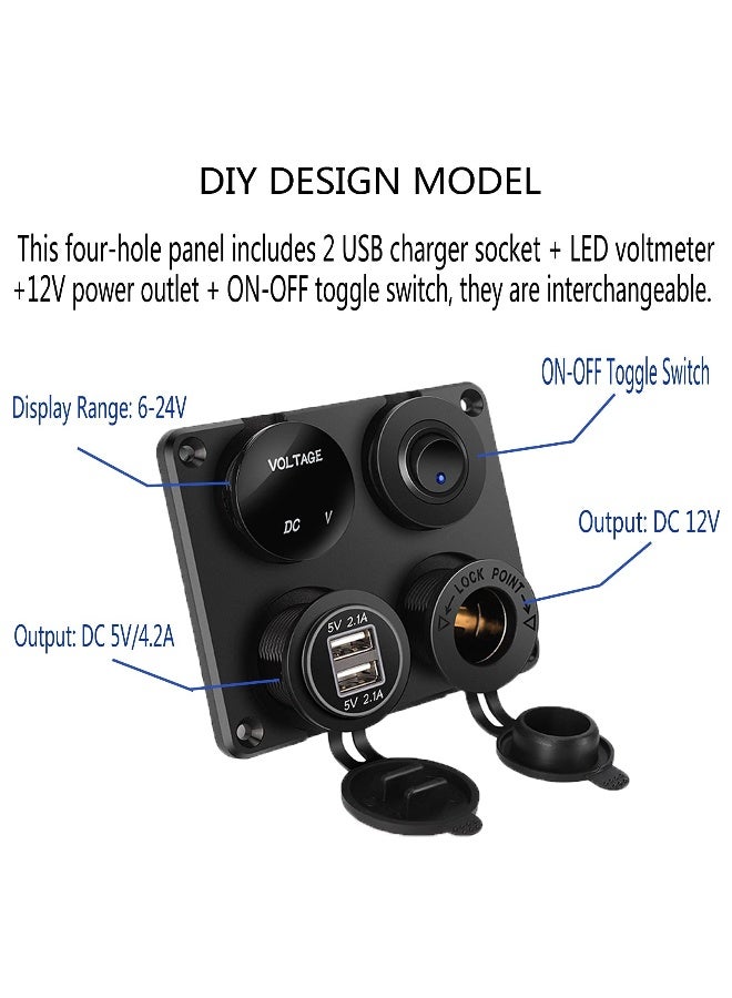 شاحن سيارات 4 في 1 مع لوحة تبديل ومنافذ USB مزدوجة، مقياس فولت LED، مفتاح تشغيل/إيقاف، ومقبس سجائر للاستخدام في السيارات والقوارب والمياه (النوع A) - Image 2