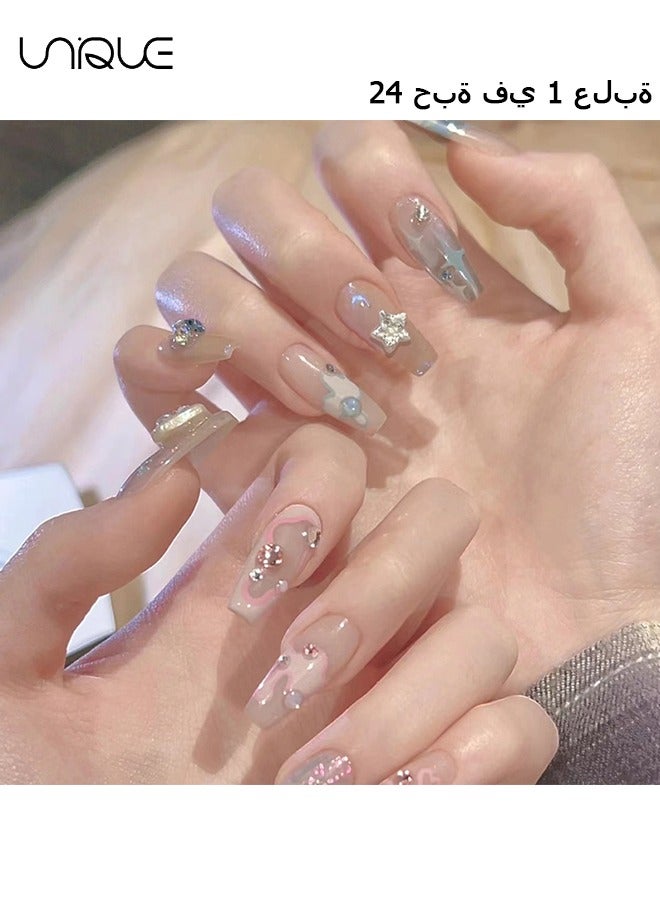 يونيك 24 قطعة أظافر مزيفة ، أظافر مكبس ، مانيكير باليه متوسط الطول - مانيكير سباركل دايموند ستار - مسحوق مزدوج الإملاء أزرق مانيكير - رقعة أظافر مزيفة - Image 1