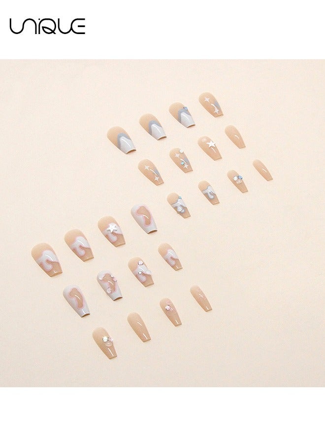 يونيك 24 قطعة أظافر مزيفة ، أظافر مكبس ، مانيكير باليه متوسط الطول - مانيكير سباركل دايموند ستار - مسحوق مزدوج الإملاء أزرق مانيكير - رقعة أظافر مزيفة - Image 3
