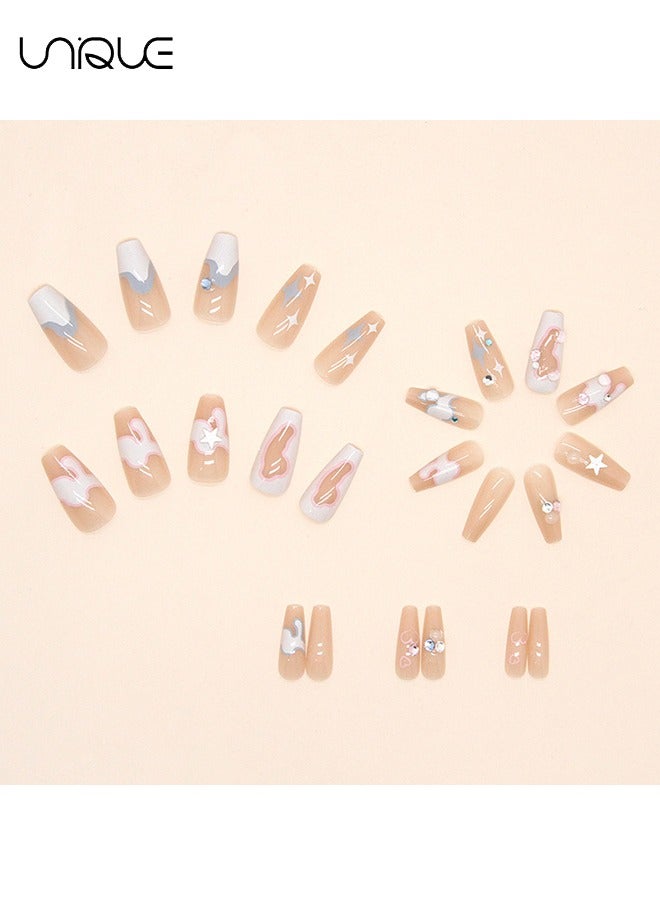 يونيك 24 قطعة أظافر مزيفة ، أظافر مكبس ، مانيكير باليه متوسط الطول - مانيكير سباركل دايموند ستار - مسحوق مزدوج الإملاء أزرق مانيكير - رقعة أظافر مزيفة - Image 4
