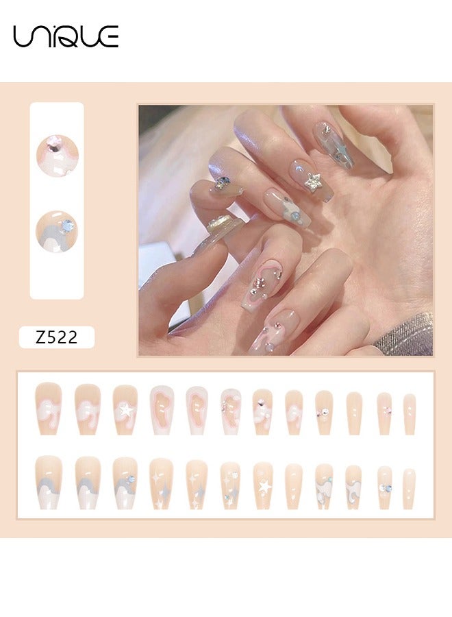 يونيك 24 قطعة أظافر مزيفة ، أظافر مكبس ، مانيكير باليه متوسط الطول - مانيكير سباركل دايموند ستار - مسحوق مزدوج الإملاء أزرق مانيكير - رقعة أظافر مزيفة - Image 2