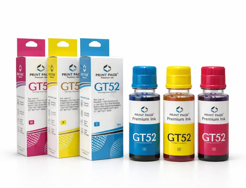 Print Page GT52 Premium Refill Ink for Ink Tank Printers 115, 310, 315, 319, 410, 415, 416, 419, 455, 500, 515, 530, 615, GT 5810, GT 5811, GT 5820 (Cyan/Yellow/Magenta - 1 pc) (70ml Each) - Image 1