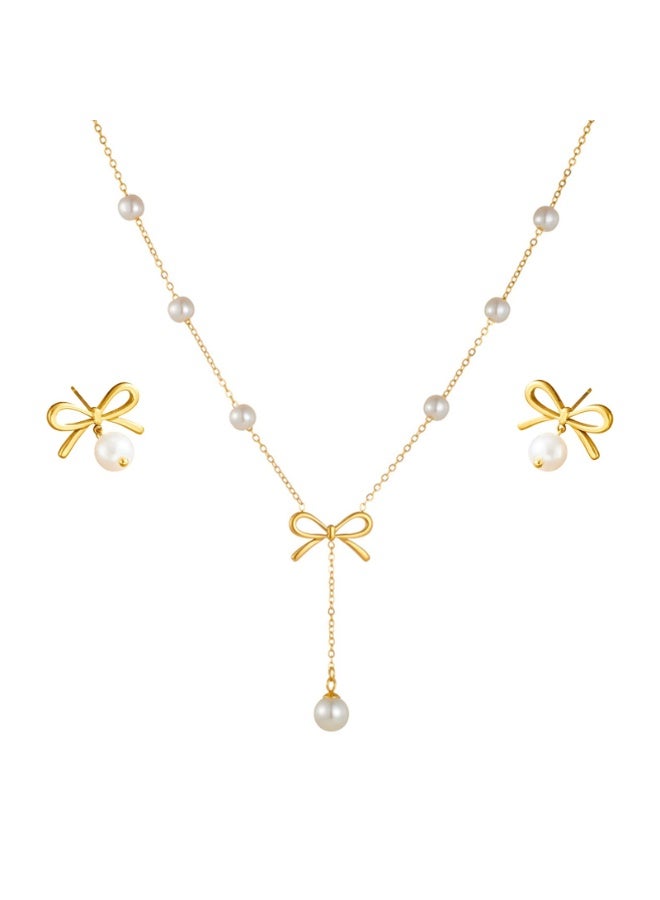 Stainless Steel Pearl Pendant Necklace & Earrings Set – Hypoallergenic Bridal Jewelry, 316L Boho Accessories, Gold - Image 1