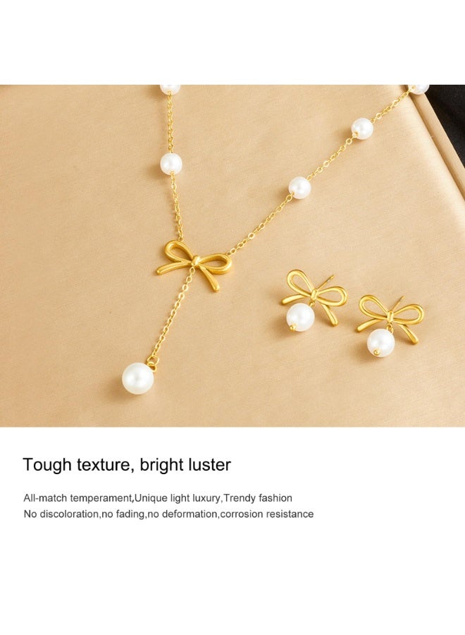 Stainless Steel Pearl Pendant Necklace & Earrings Set – Hypoallergenic Bridal Jewelry, 316L Boho Accessories, Gold - Image 3