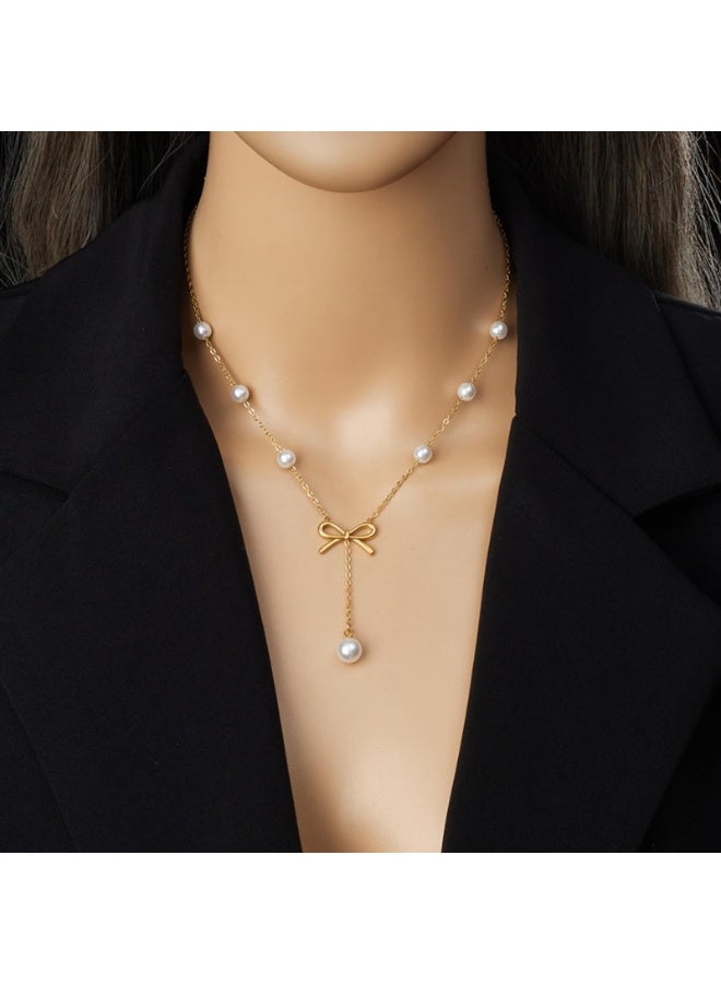 Stainless Steel Pearl Pendant Necklace & Earrings Set – Hypoallergenic Bridal Jewelry, 316L Boho Accessories, Gold - Image 2