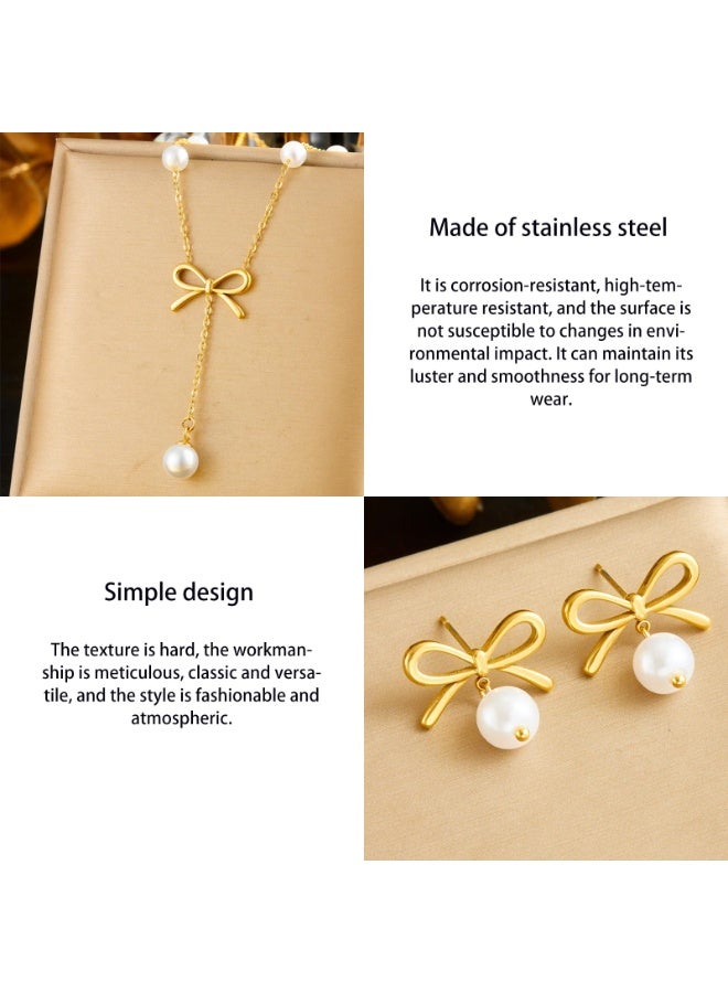 Stainless Steel Pearl Pendant Necklace & Earrings Set – Hypoallergenic Bridal Jewelry, 316L Boho Accessories, Gold - Image 4