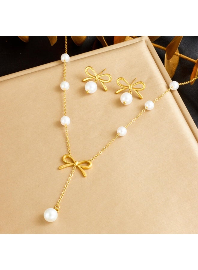 Stainless Steel Pearl Pendant Necklace & Earrings Set – Hypoallergenic Bridal Jewelry, 316L Boho Accessories, Gold - Image 5