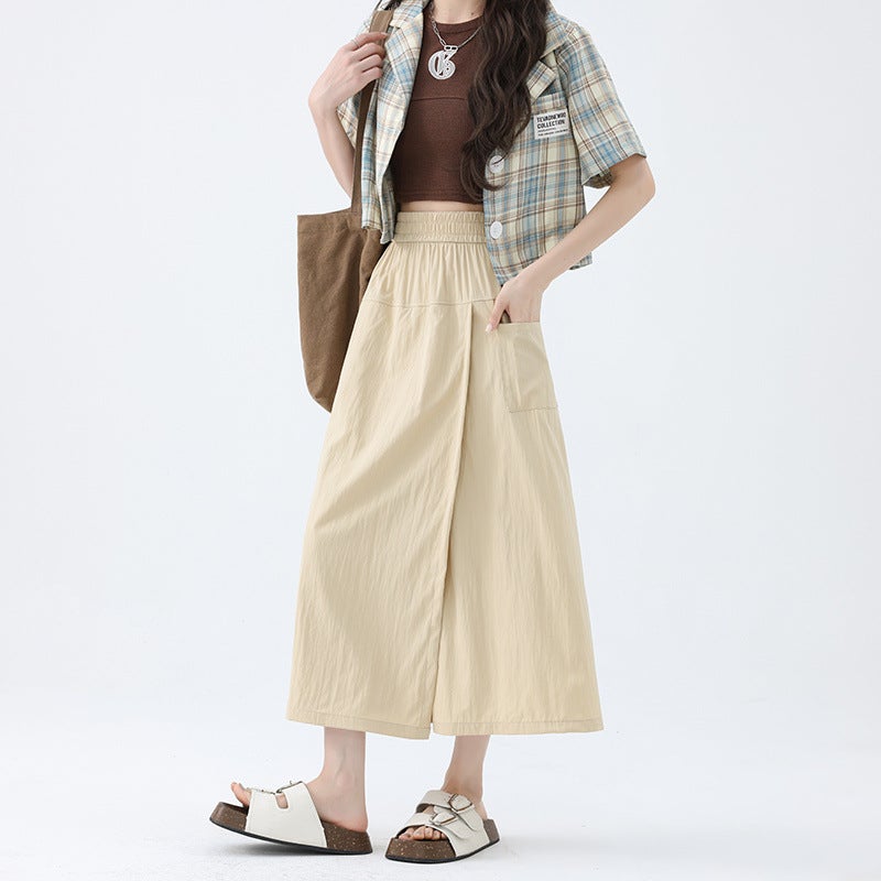American Yamamoto Workwear Culottes for Women in Summer High-Waisted A-Line Slit Hip-Covering Skirt for Small People Ice Silk Wide-Leg Pants Apricot culottes genuine brand quality assurance