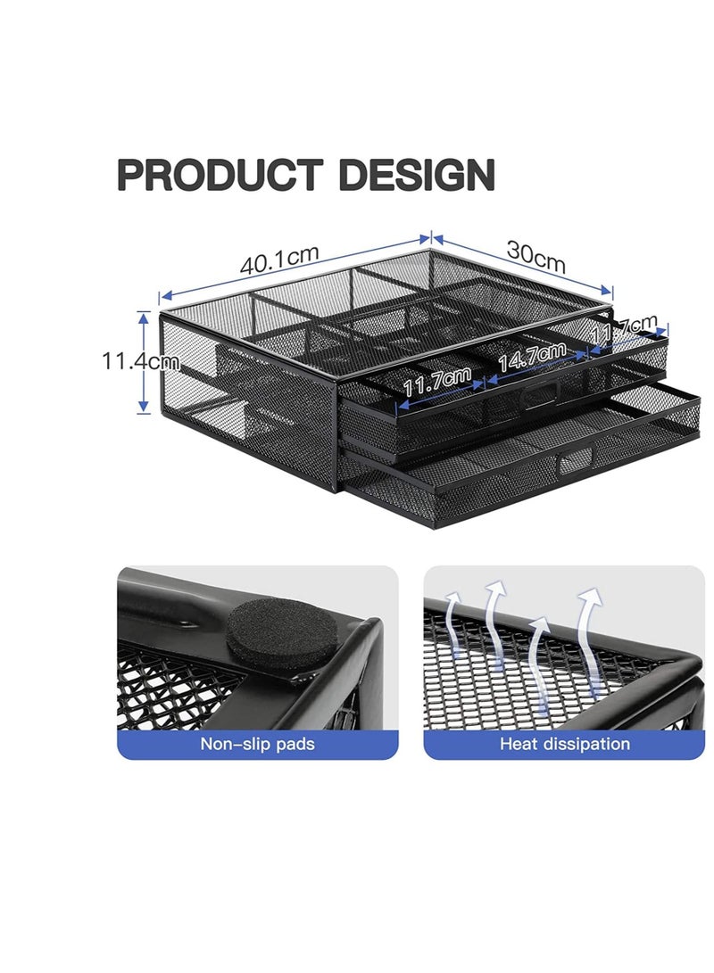 SYOSI Monitor Stand with 2 Storage Drawers Metal Mesh Desk Organisers, Support Laptop, Notebook PC Monitor, Printer, Scanner up to 15 KG  - Image 3