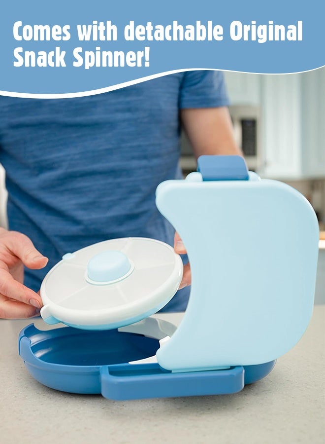 Soft Touch Baby Lunch Box, Snack Spinner Bento Box with Hand Strap and Sticker Sheet,  2-in-1 Toddler Lunch Container, 5 Small and 1 Large Sandwich Compartment for Home School and Travel (Blue) - Image 5