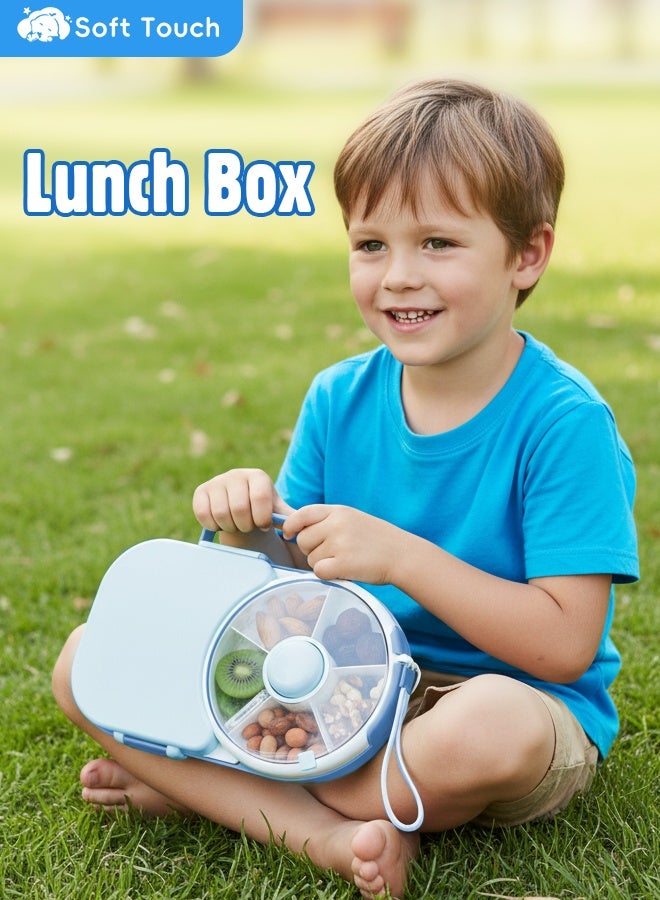Soft Touch Baby Lunch Box, Snack Spinner Bento Box with Hand Strap and Sticker Sheet,  2-in-1 Toddler Lunch Container, 5 Small and 1 Large Sandwich Compartment for Home School and Travel (Blue) - Image 3