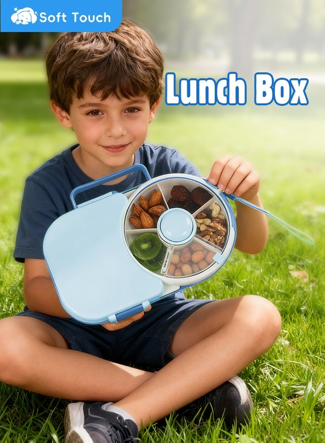 Soft Touch Baby Lunch Box, Snack Spinner Bento Box with Hand Strap and Sticker Sheet,  2-in-1 Toddler Lunch Container, 5 Small and 1 Large Sandwich Compartment for Home School and Travel (Blue) - Image 2