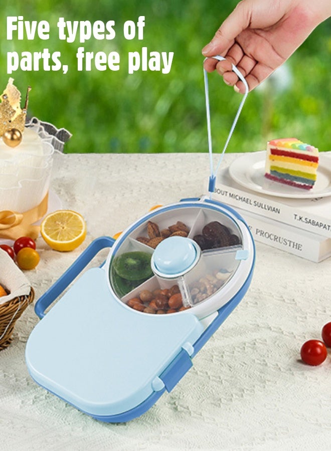 Soft Touch Baby Lunch Box, Snack Spinner Bento Box with Hand Strap and Sticker Sheet,  2-in-1 Toddler Lunch Container, 5 Small and 1 Large Sandwich Compartment for Home School and Travel (Blue) - Image 4