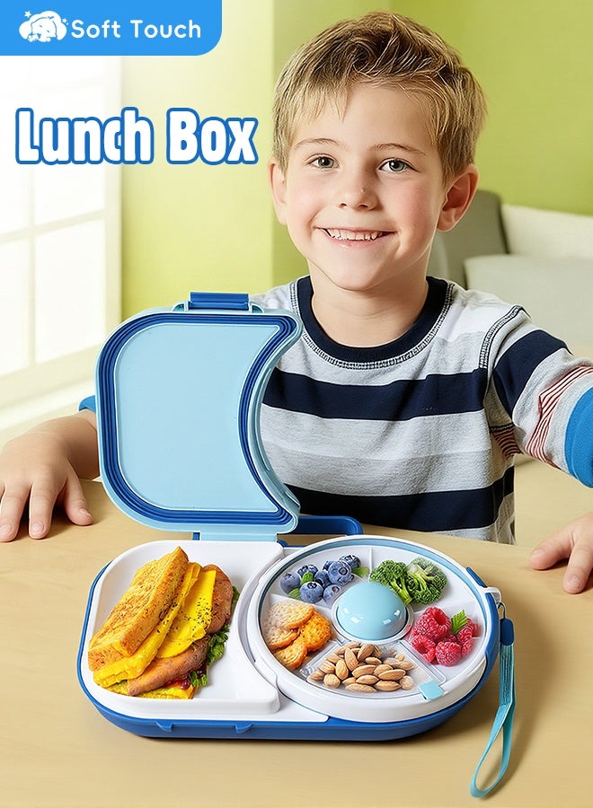 Soft Touch Baby Lunch Box, Snack Spinner Bento Box with Hand Strap and Sticker Sheet,  2-in-1 Toddler Lunch Container, 5 Small and 1 Large Sandwich Compartment for Home School and Travel (Blue) - Image 1