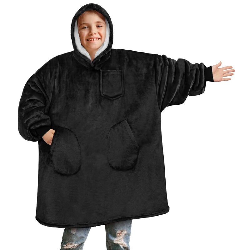 PAVILIA PAVILIA Wearable Blanket Sweatshirt for Kids Boy Girl  Warm Cozy Giant Hoodie with Two Pockets and Long Sleeves  Fleece Sherpa Oversized Hooded Blanket Pullover Gift for Teens Youths  Black  - Image 1