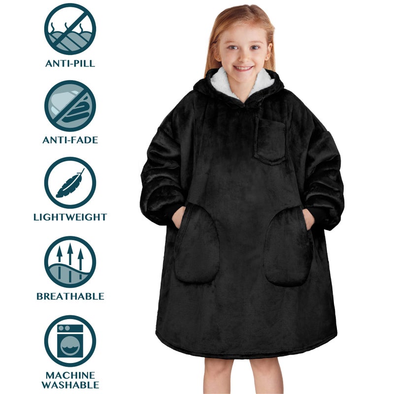 PAVILIA PAVILIA Wearable Blanket Sweatshirt for Kids Boy Girl  Warm Cozy Giant Hoodie with Two Pockets and Long Sleeves  Fleece Sherpa Oversized Hooded Blanket Pullover Gift for Teens Youths  Black  - Image 5