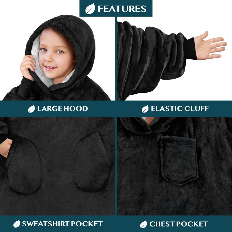 PAVILIA PAVILIA Wearable Blanket Sweatshirt for Kids Boy Girl  Warm Cozy Giant Hoodie with Two Pockets and Long Sleeves  Fleece Sherpa Oversized Hooded Blanket Pullover Gift for Teens Youths  Black  - Image 2