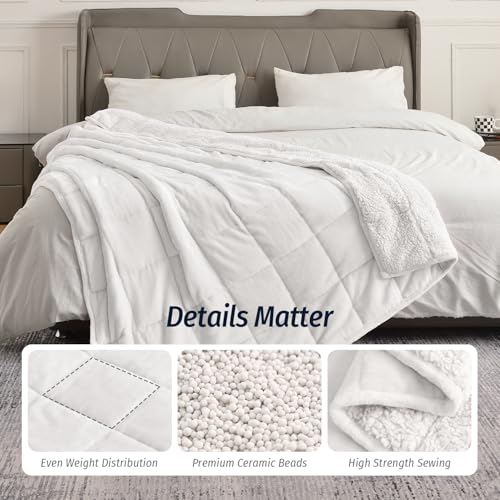 Wemore Sherpa Fleece Weighted Blanket for Adult, 15 lbs Dual Sided Cozy Fluffy Heavy Blanket, Ultra Fuzzy Throw Blanket with Soft Plush Flannel Top, 60 x 80 inches Queen Size White on Both Sides - Image 5