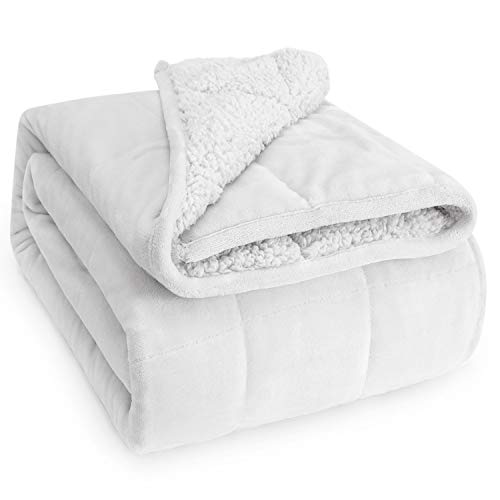 Wemore Sherpa Fleece Weighted Blanket for Adult, 15 lbs Dual Sided Cozy Fluffy Heavy Blanket, Ultra Fuzzy Throw Blanket with Soft Plush Flannel Top, 60 x 80 inches Queen Size White on Both Sides - Image 1