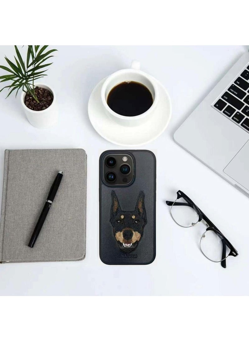 SANTA BARBARA POLO & RACQUET CLUB Polo Curtis Series Embroidery Dog Phone Case for iPhone 15 Pro Max | Luxury PU Leather, Threaded Embroidery, Shockproof, Scratch-Resistant, Soft Grip, Drop Protection, Precise Cutouts for Camera & Ports - Black  - Image 2
