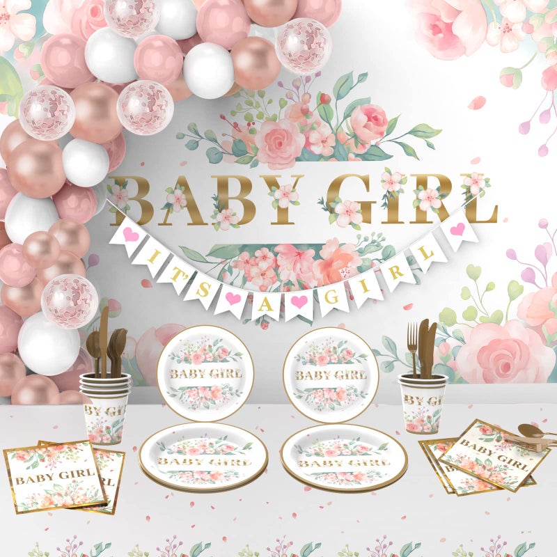 Juesly Baby Shower Decorations for Girl242 PCS of Floral Girl Baby Shower Decorations Party Supplies with BackgroundDisposable Tableware25 guestsIts A Girl Banner Balloons Wreath and Tablecloth - Image 2
