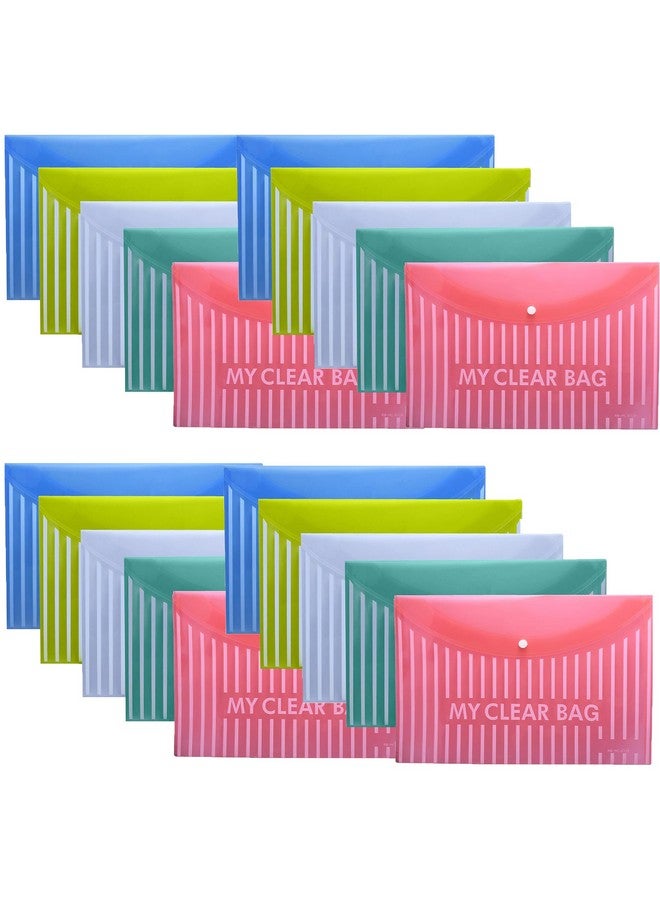 Shuban 20 Pcs Lining Print Plastic Poly Document File Folders Clear Envelopes with Snap Button Closure - FS Legal Letter Size for School, Home, and Office Use (Assorted Color) - Image 1