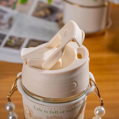 KHOLAD Glass Travel Sipper With Double Drink Straw And Lids Pack Of 1,Reusable Coffee Mugs With Pearl Chain Belt & Sleeve,Kids Girls Tumbler For Juice Smoothies Milk Cups (White), 350 Ml - Image 2