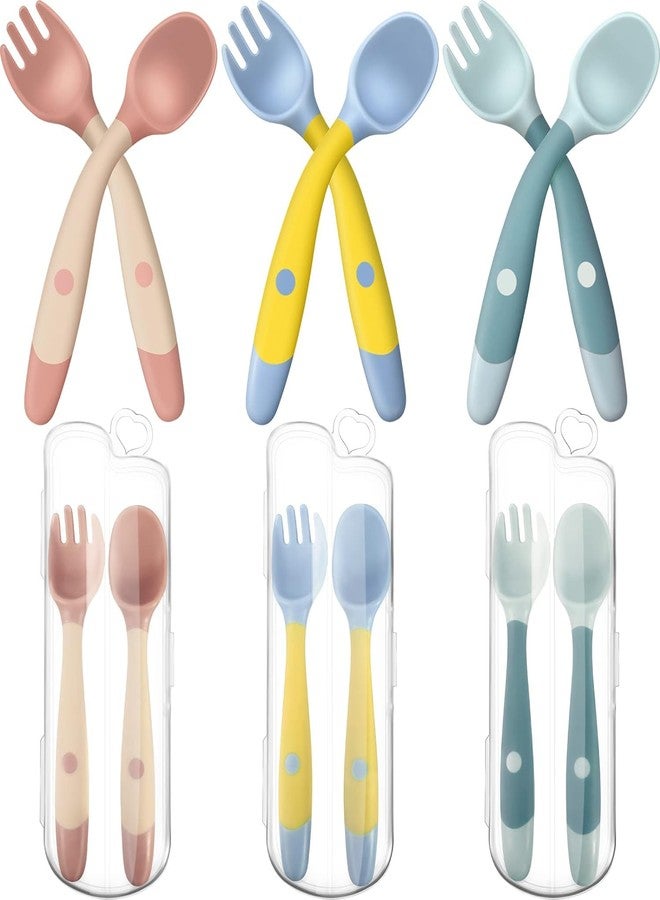 KolorFish Baby Utensils Spoon Fork with Travel Case, Toddler Utensils for Self Feeding Bendable Handle Silverware for Kids Children (3 Set, Pink+Yellow+Green) - Image 1