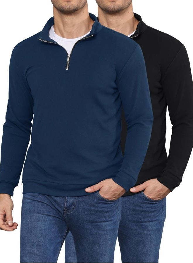 OYGSieg 2 Pack Mens Quarter Zip Pullover Slim Fit Lightweight Long Sleeve Mock Neck Sweatshirt for Fall Winter Business Casual, Black/Dark Blue, XL - Image 1