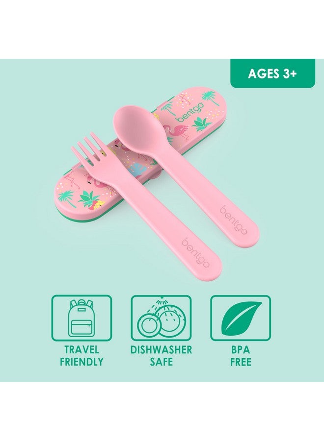 بنتجو مجموعة أدوات Bentgo للأطفال - شوكة وملعقة بلاستيكية قابلة لإعادة الاستخدام وحقيبة تخزين - مواد خالية من مادة BPA، ومقابض سهلة الإمساك، وآمنة للاستخدام في غسالة الأطباق - مثالية لوجبات الغداء المدرسية والسفر والأنشطة الخارجية (استوائية) - Image 2