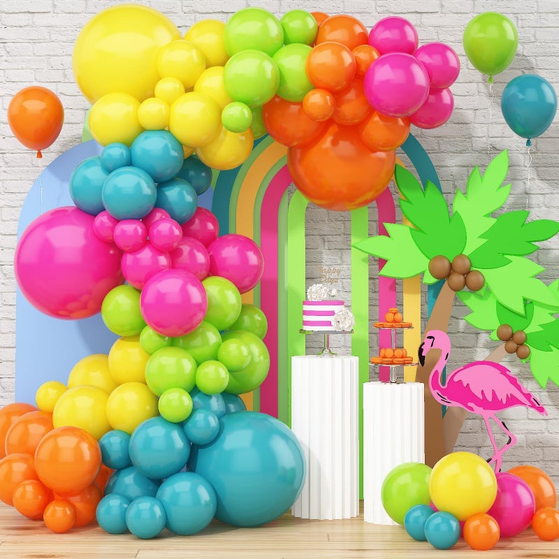 Togvu 141 Pcs Rainbow Easter Balloon Arch Kit, Hot Pink Lime Green Orange Slate Blue Yellow Latex Neon Summer Tropical Balloon Garland for Hawaiian Luau Aloha Birthday Baby Shower Pool Party Decorations - Image 1