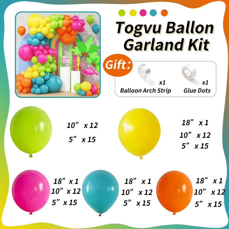 Togvu 141 Pcs Rainbow Easter Balloon Arch Kit, Hot Pink Lime Green Orange Slate Blue Yellow Latex Neon Summer Tropical Balloon Garland for Hawaiian Luau Aloha Birthday Baby Shower Pool Party Decorations - Image 2