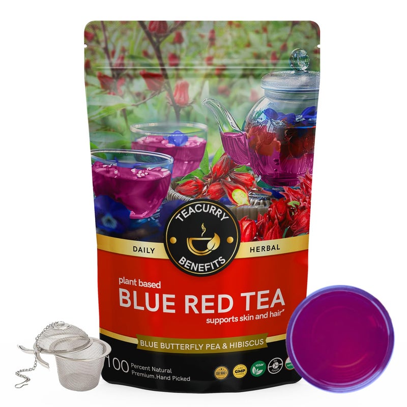 Teacurry Blue Red Tea (200 gram loose + infuser) - Helps with Glowing Skin and Strong Hair with Lavender, Hibiscus | Flower Based, Caffeine Free Tea - Image 1