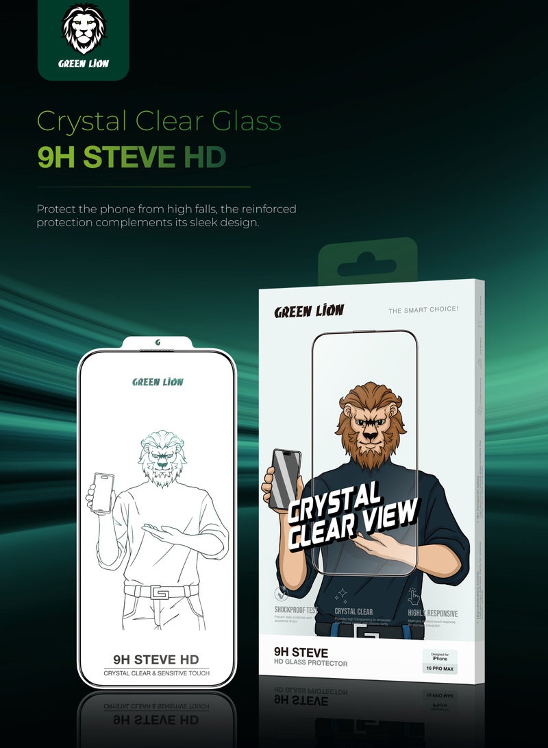 GREEN LION iPhone 16 Pro Max Screen Protector / 9H Steve HD Full Glass / Anti Scratch / Anti Fingerprint / Grease Resistance / Crystal Clear / Highly Responsive - Black Edge/Clear - Image 2