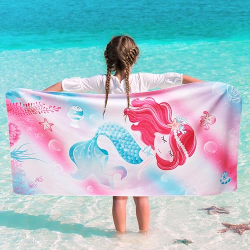 WERNNSAI Mermaid Kids Beach Towel - 30” x 60”Mermaid Sand Free Towels for Girls Quick Dry Swim Towel Beach Blanket Ultra Absorbent Light Beach Towels Travel Towel - Image 1