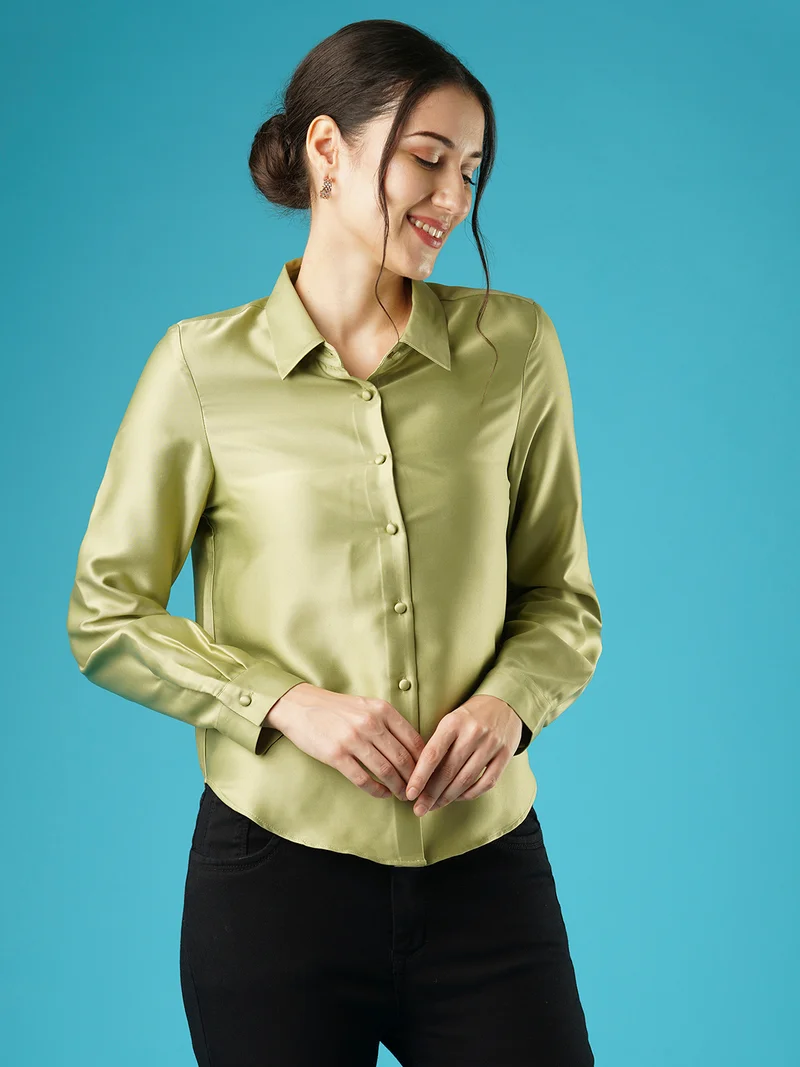 globus Women Cuffed Sleeves Solid Satin Party Shirt